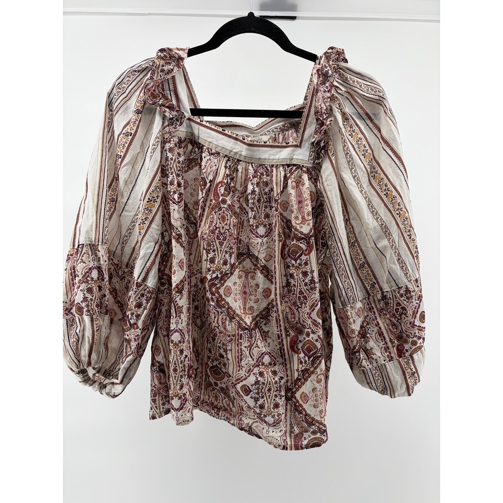 EST 1946, Boho Peasant Top Cotton Cream Brown Cottagecore Long Sleeve Hippie